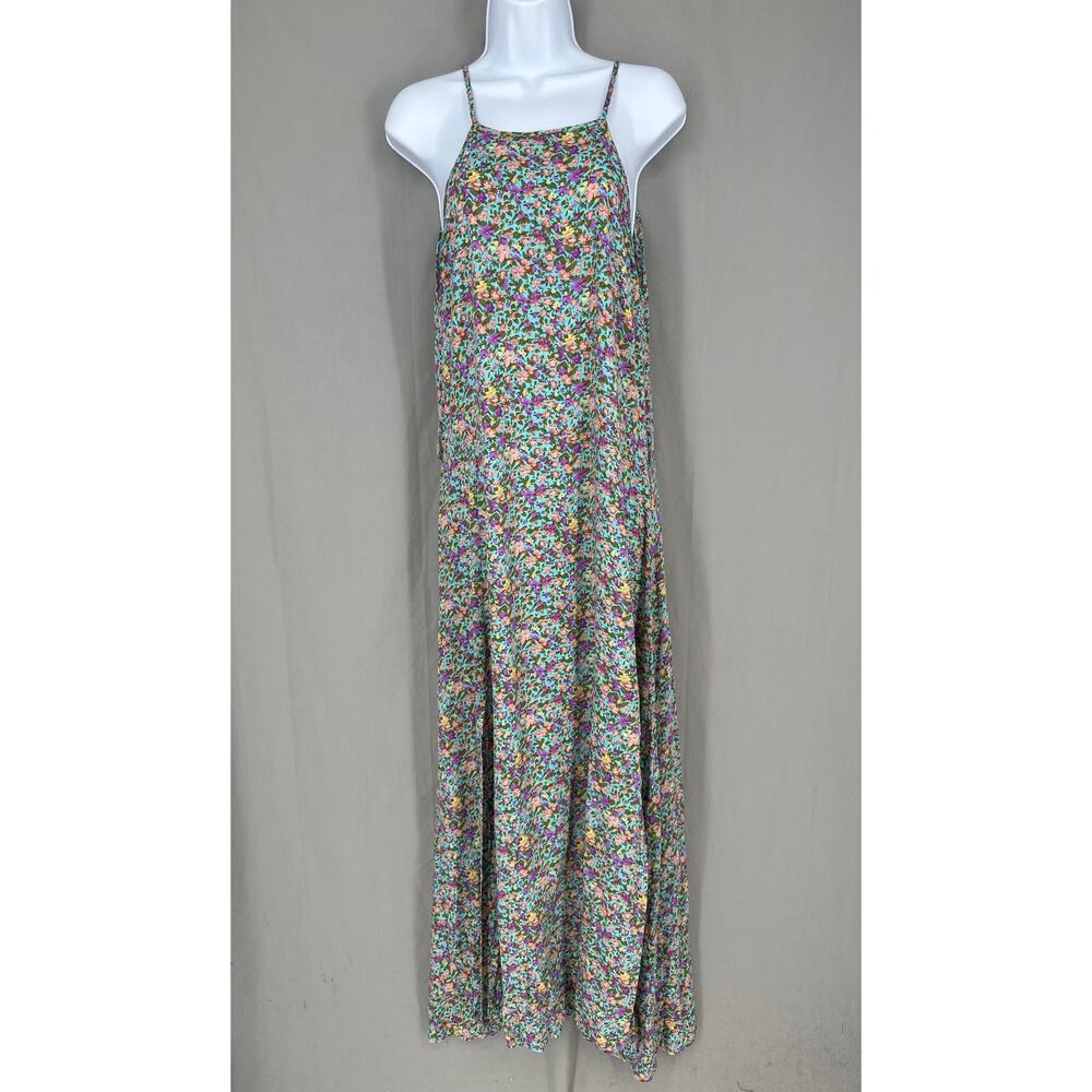 Silk Salt Dress Womens Medium Blue Floral Maxi Ditsy Front Slits Boho Cottage - Picture 1 of 10
